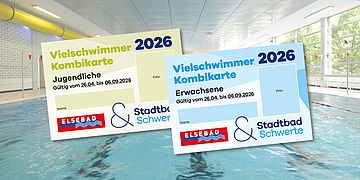 Die Abbildung zeigt zwei Ausweise für Vielschmimmer-Kombikarten mit Fotos- und Gültigkeitszeiträumen für Jugendliche und Erwachsene, die vom Stadtbad Schwerte und Elsebad Schwerte ausgegeben werden.