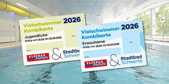 Die Abbildung zeigt zwei Ausweise für Vielschmimmer-Kombikarten mit Fotos- und Gültigkeitszeiträumen für Jugendliche und Erwachsene, die vom Stadtbad Schwerte und Elsebad Schwerte ausgegeben werden.