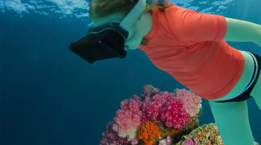 Eine Person mit VR-Brille und orangem Shirt taucht im Wasser und betrachtet farbenfrohe Korallen – Symbolbild für das VR-Schnorcheln im Stadtbad Schwerte.