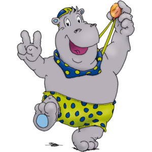 Elton mit Bronzemedaille Zu sehen ist das Nilpferd Elton in gepunkteter Badehose und einer Bronzemedaille um den Hals